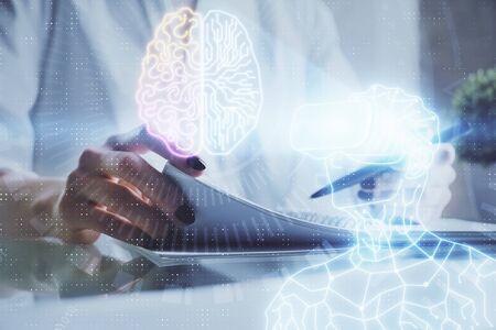 AR hologram over womans hands taking notes background. Concept of augmented reality. Multi exposure