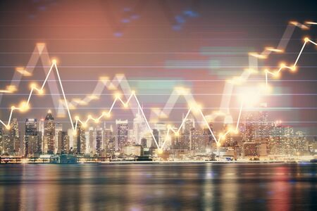 Financial graph on night city scape with tall buildings background multi exposure. Analysis concept.