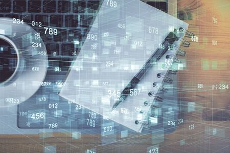 Double exposure of technology theme drawing over work table desktop. Top view. Global data analysis concept.の写真素材