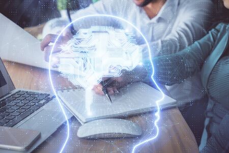 Double exposure of brain drawing over people taking notes background. Concept of Aiの写真素材