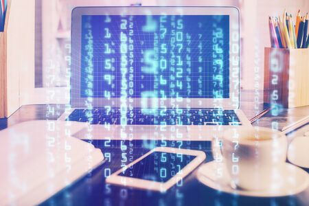 Double exposure of desktop with personal computer on background and tech theme drawing. Concept of...