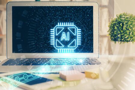 Multi exposure of desktop computer and technology theme hologram. Concept of software development.の写真素材