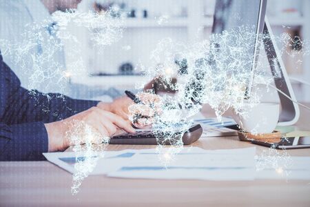 Media network theme hologram with man working on computer on background. Concept of internet communication. Double exposure.の写真素材