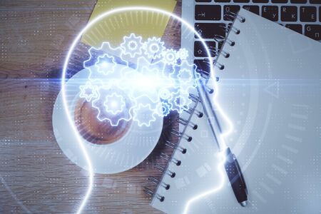 Multi exposure of brain sketch hologram over topview work table background with computer. Concept of big data.の写真素材