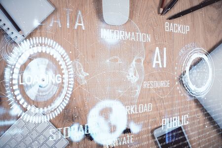 Multi exposure of technology theme drawing over work table desktop. Top view. Global data analysis concept.の写真素材