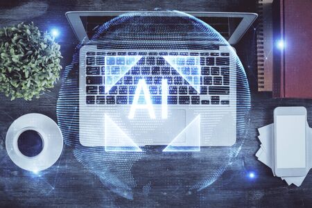 Multi exposure of data theme drawing hologram over topview work desk background with computer. Concept of technology.の写真素材