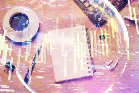 Multi exposure of business theme drawing and work table top veiw. Concept of international finance.の写真素材