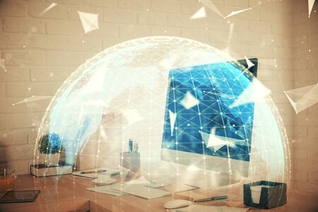 Double exposure of business theme drawing and office interior background. Concept of successの写真素材