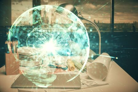 Double exposure of business theme drawing and office interior background. Concept of successの写真素材