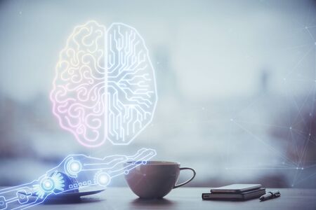 Double exposure of Ai data brain drawing over coffee cup background.