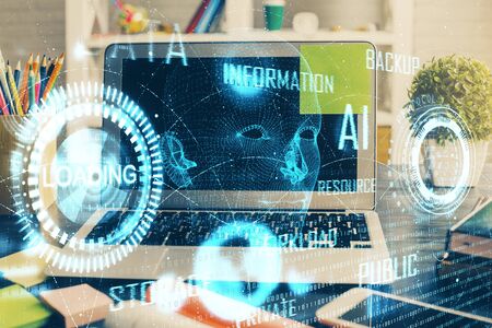 Double exposure of desktop with personal computer on background and tech theme drawing. Concept of data analysis.の写真素材
