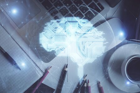 Multi exposure of brain sketch hologram over topview work table background with computer. Concept of...