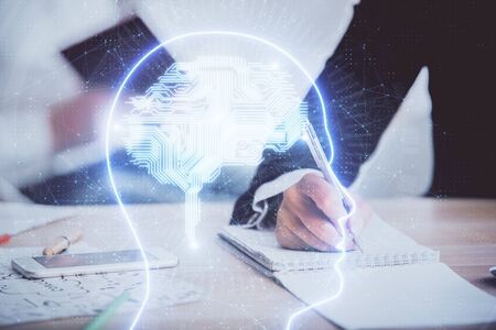 Double exposure of brain drawing over people taking notes background. Concept of Aiの写真素材