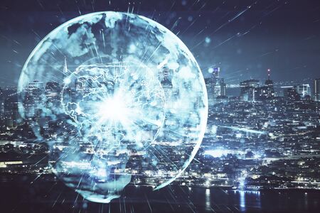 Double exposure of business theme hologram drawing and city veiw background. Concept of success.の写真素材