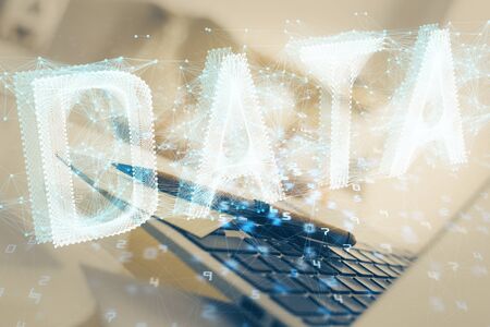Multi exposure of desktop with personal computer and tech theme drawing. Concept of Bigdata.