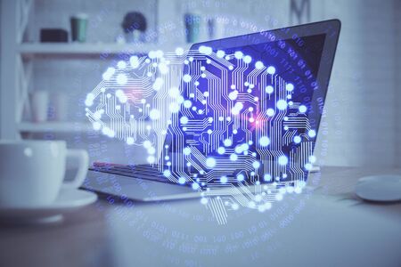 Multi exposure of work table with computer and brain hologram. Brainstorm concept.の写真素材