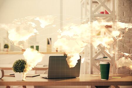Double exposure of business theme drawing and office interior background. Concept of successの写真素材