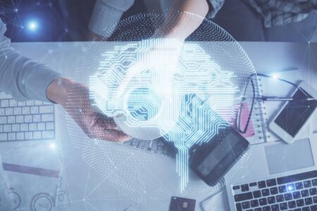 Double exposure of man and woman working together and human brain hologram drawing. Brainstorm...