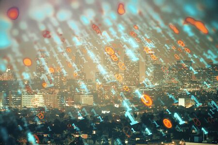 Data theme hologram drawing on city view with skyscrapers background multi exposure. Ai concept.の写真素材