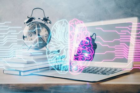 Double exposure of desktop computer and human brain drawing hologram. Ai concept.