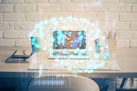 Multi exposure of work space with computer and human brain hologram. Brainstorm concept.の写真素材