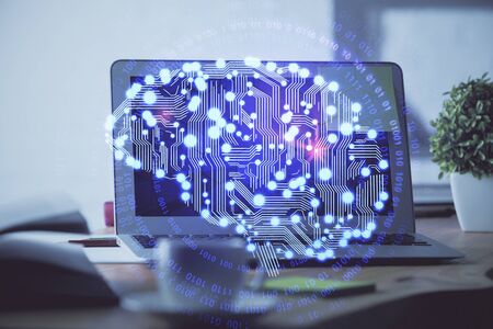 Multi exposure of work table with computer and brain hologram. Brainstorm concept.の写真素材