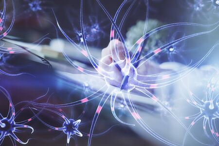 Neuron hologram over hands taking notes background. Concept of research and study. Double exposure