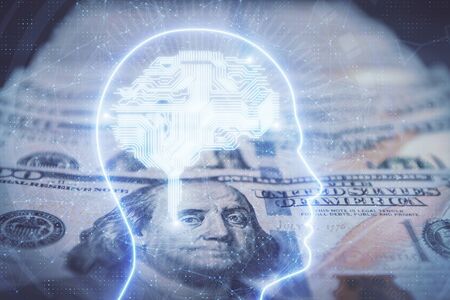 Double exposure of brain drawing over us dollars bill background. Technology concept.の写真素材
