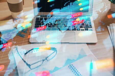 Multi exposure of desktop with computer on background and tech theme drawing. Concept of big data.
