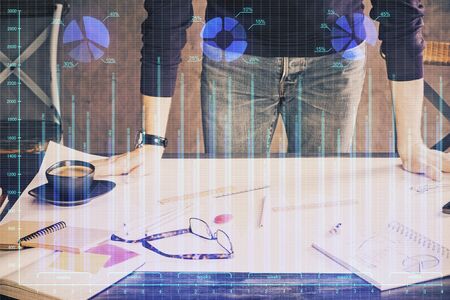 Multi exposure of man standing and planing investment with stock market forex chart background. Concept of research and trading.の写真素材