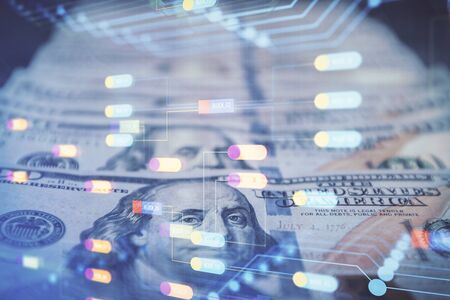 Double exposure of data theme drawing over us dollars bill background. Technology concept.