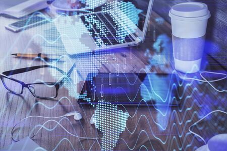 Double exposure of forex chart drawing and cell phone background. Concept of financial trading