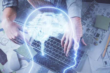Double exposure of man and woman working together and human brain hologram drawing. Brainstorm...