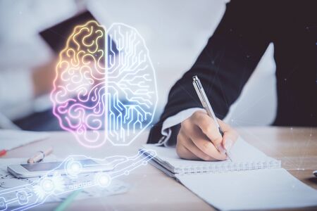 Double exposure of brain drawing over people taking notes background. Concept of Ai