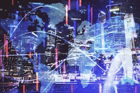 Double exposure of business theme hologram drawing and city veiw background. Concept of success.の写真素材