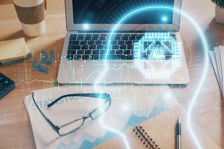 Double exposure of desktop computer and human brain drawing hologram. Ai concept.