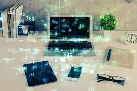 Multi exposure of table with computer on background and data theme drawing. Concept of innovation.の写真素材