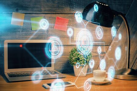 Multi exposure of desktop with computer on background and tech theme drawing. Concept of big data.の写真素材