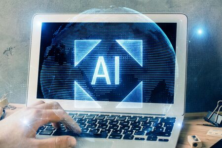 Double exposure of data internet theme hologram with man working on computer on background. Concept of innovation.の写真素材