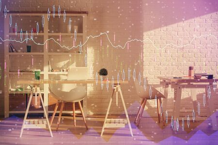 Double exposure of financial graph drawing and office interior background. Concept of stock market.の写真素材