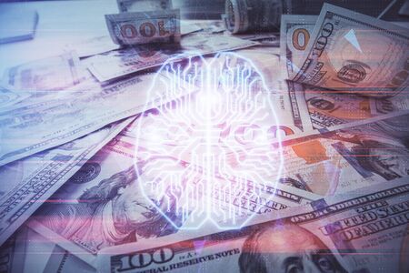 Double exposure of brain drawing over us dollars bill background. Technology concept.の写真素材