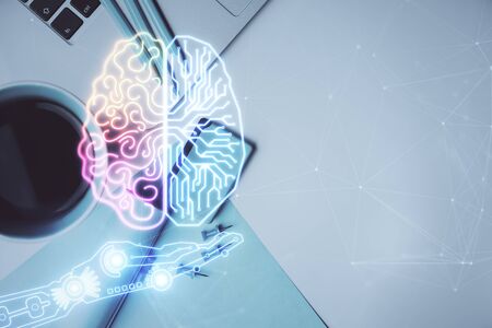 Multi exposure of brain sketch hologram over topview work table background with computer. Concept of...