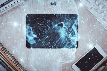 Double exposure of brain drawing over work table desktop. Top view. Global data analysis concept.の写真素材