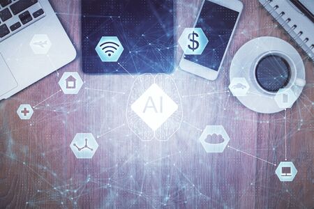 Double exposure of technology theme drawing over work table desktop. Top view. Global data analysis concept.の写真素材