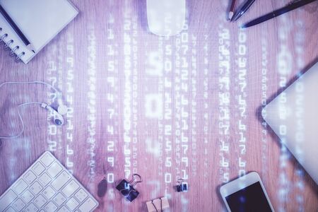 Multi exposure of technology theme drawing over work table desktop. Top view. Global data analysis concept.の写真素材