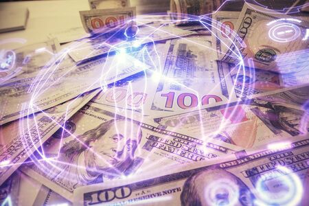 Double exposure of education theme drawing over usa dollars bill background. Concept of study.の写真素材