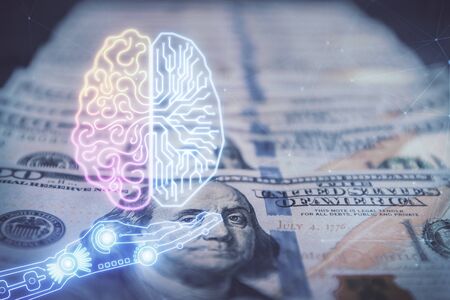 Double exposure of brain drawing over us dollars bill background. Technology concept.の写真素材