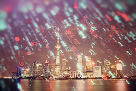 Data theme hologram drawing on city view with skyscrapers background multi exposure. Ai concept.の写真素材