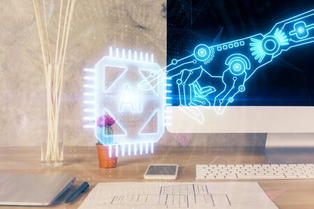 Double exposure of desktop with computer on background and tech theme drawing. Concept of big data.の写真素材