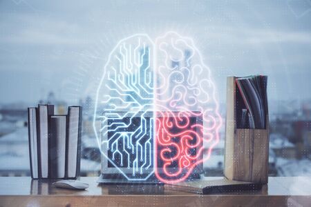 Double exposure of work table with computer and brain sketch hologram. Brainstorming concept.の写真素材